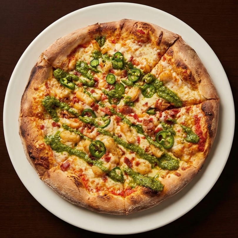 A Whiskey Kitchen pizza topped with pesto, cheese, shrimp, bacon, and sliced jalapeños.