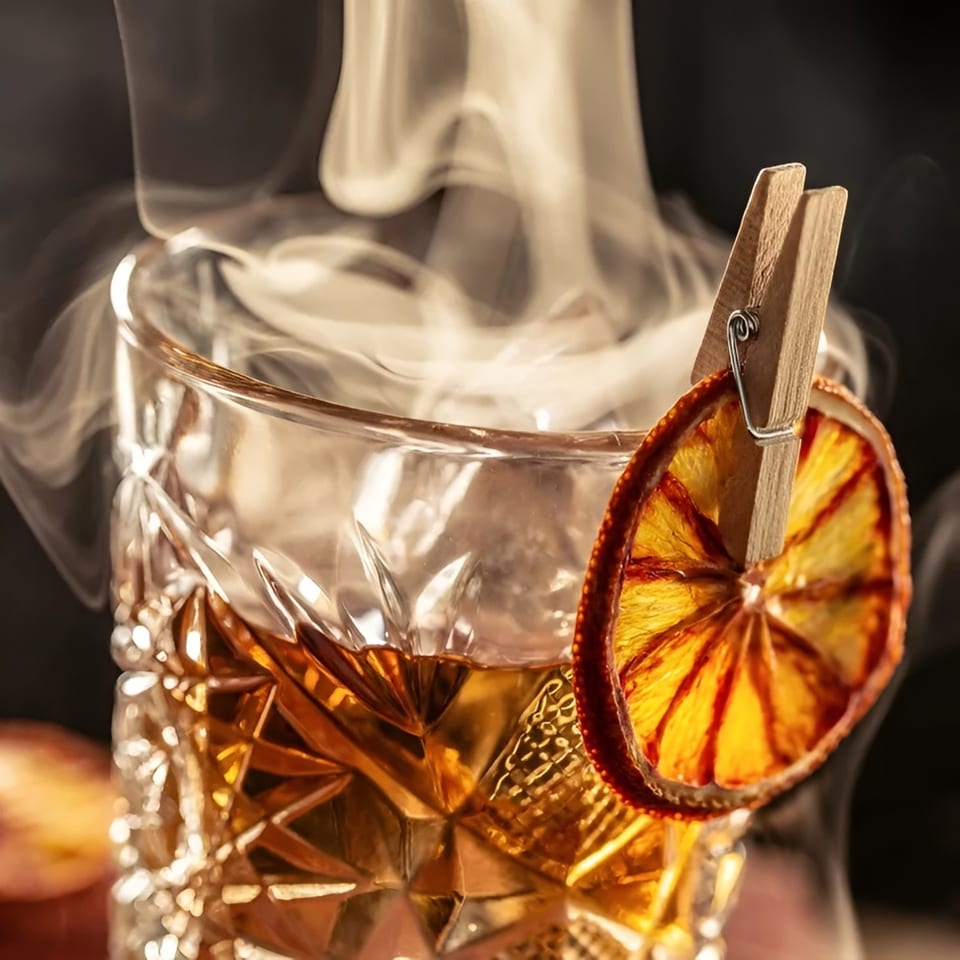 Smoked whiskey cocktail with a dried orange slice garnish clipped to the glass.