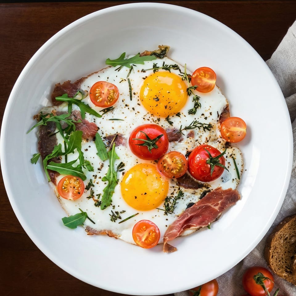 Fried eggs with prosciutto, cherry tomatoes, arugula, and herbs on a white plate.