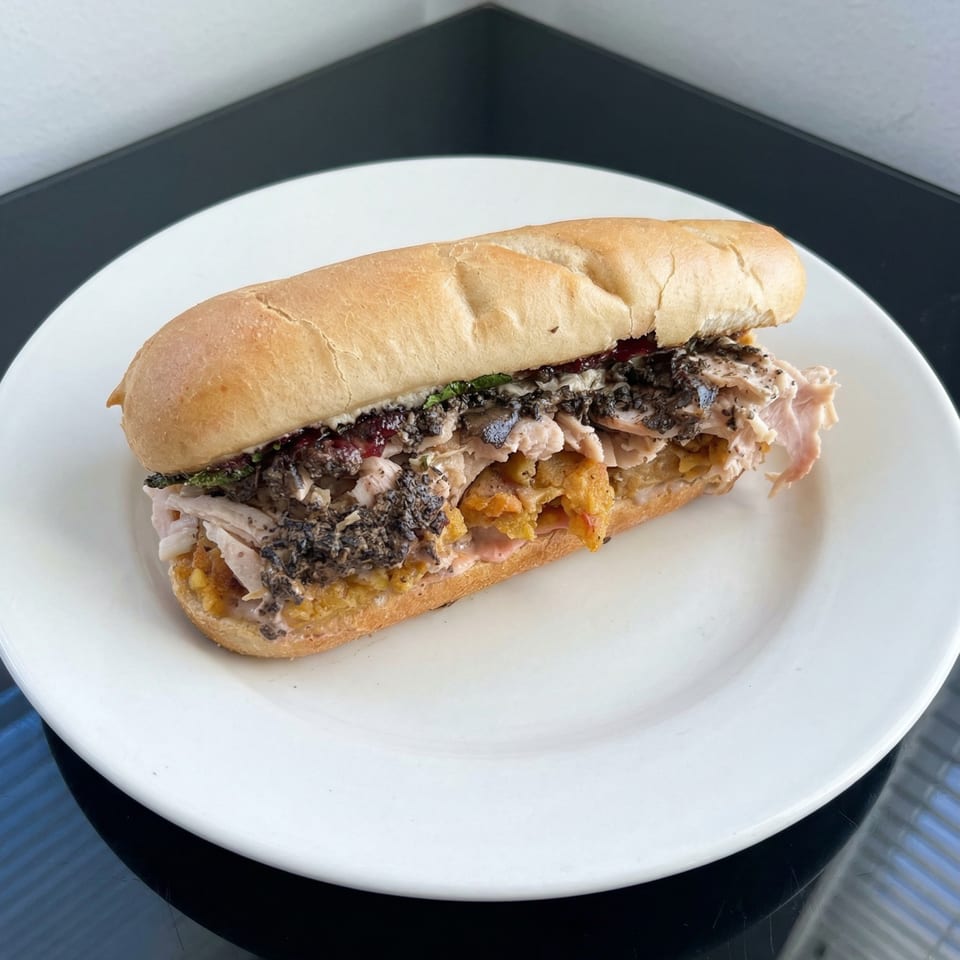 A close-up of a Whiskey Kitchen Mount Dora sandwich with chicken, truffle, and crispy bits on a white plate.